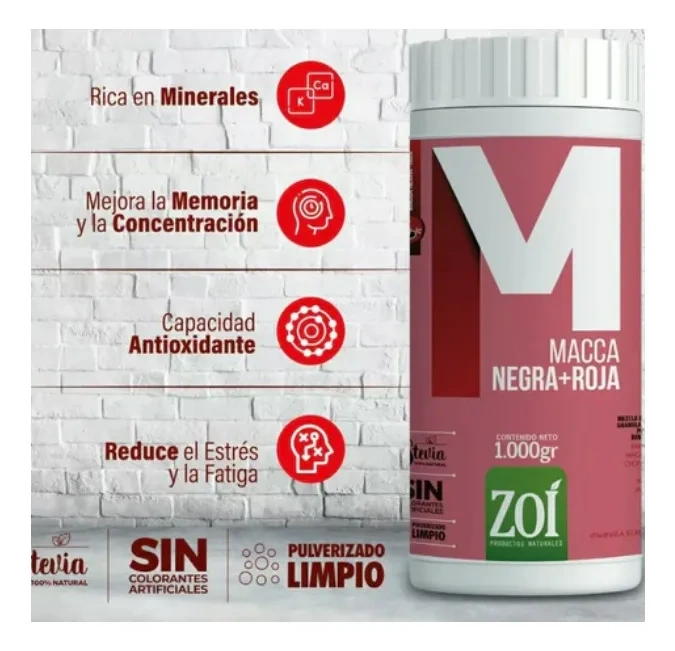 Maca Negra Y Roja X 1.000g - Zoi 2 Maca negra y roja en polvo con chontaduro, borojo, moringa, jalea real, polen , zinc, fósforo, glicina, Vitaminas A, B2, B6, B12, D3, con estevia. Sin colorantes.
