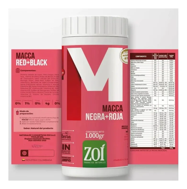 Maca Negra Y Roja X 1.000g - Zoi 1 Maca negra y roja en polvo con chontaduro, borojo, moringa, jalea real, polen , zinc, fósforo, glicina, Vitaminas A, B2, B6, B12, D3, con estevia. Sin colorantes.